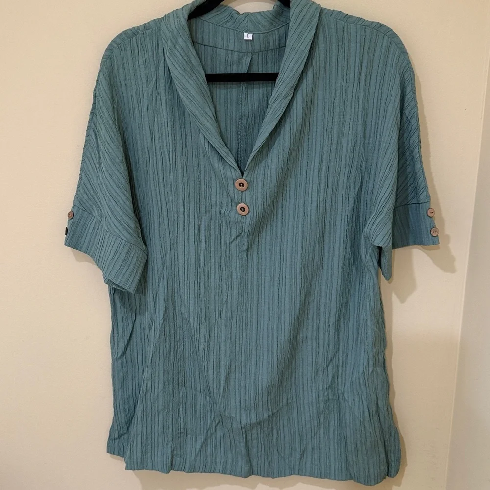 Elegant Teal Button- Short Sleeve turn down Blouse for Women Size Large - Picture 10 of 12
